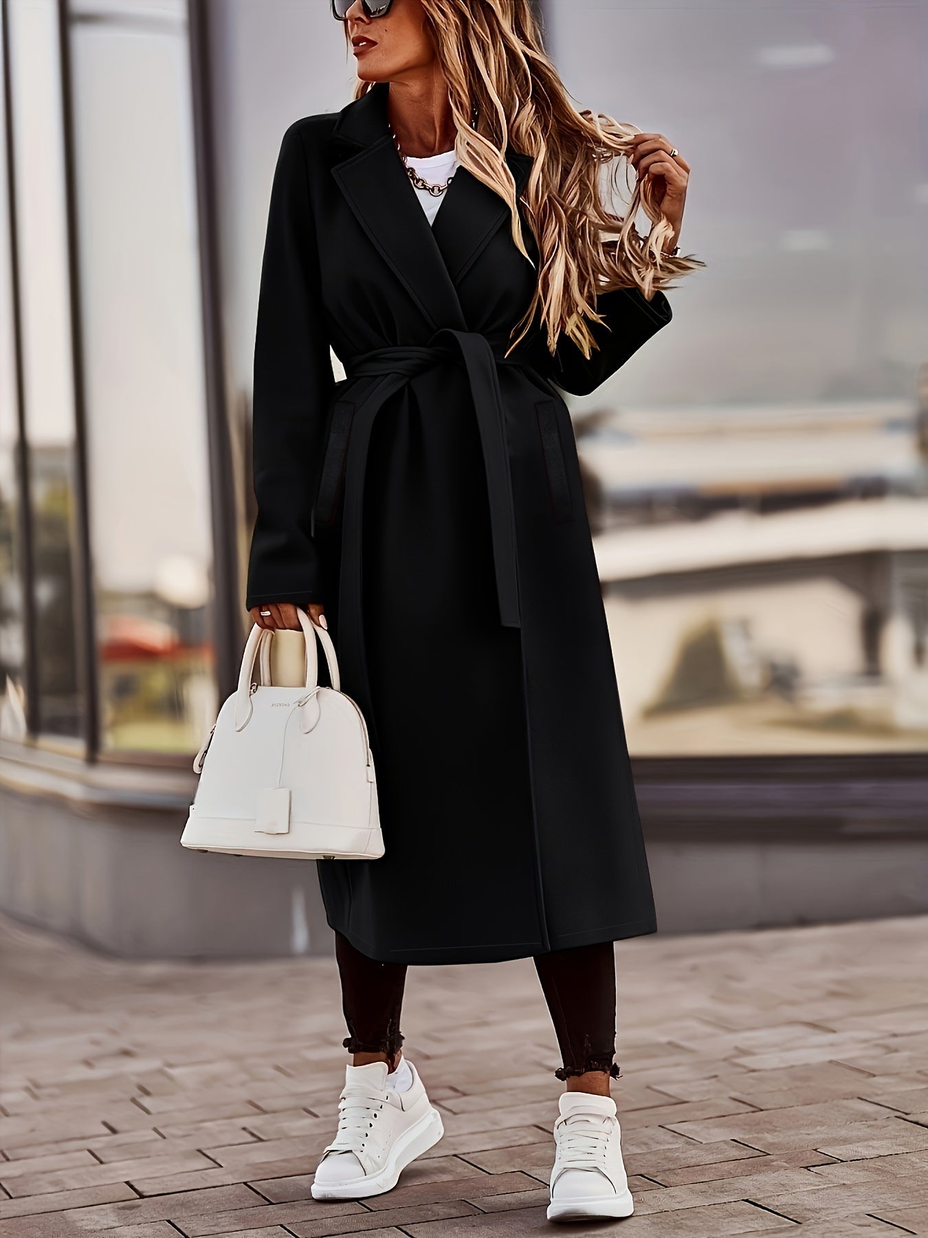 Plus Size Elegant Coat, Women's Plus Solid Long Sleeve Lapel Collar Longline Woolen Coat With Pockets