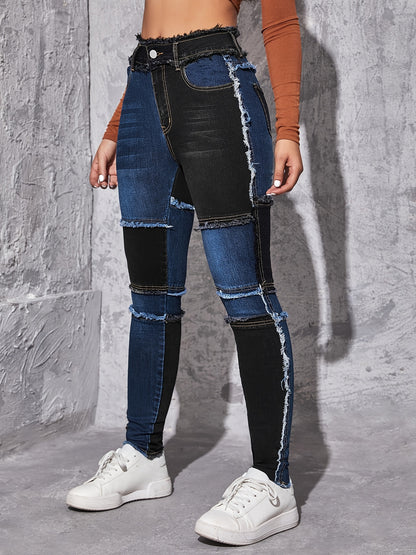 xieyinshe  Patched Colorblock Skinny Jeans, High Waist Slim Fit Slash Pockets High Rise Raw Hem Denim Pants, Women's Denim Jeans & Clothing