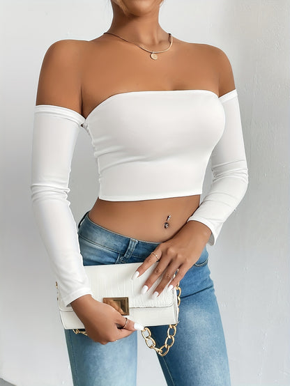 xieyinshe  Off Shoulder Crop T-Shirt, Casual Long Sleeve Top For Spring & Fall, Women's Clothing