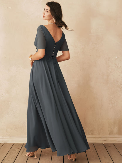 ALICEPUB Wrap V-Neck Bridesmaid Dress Chiffon Long Maxi Formal Dress For Women Party Evening Short Sleeves