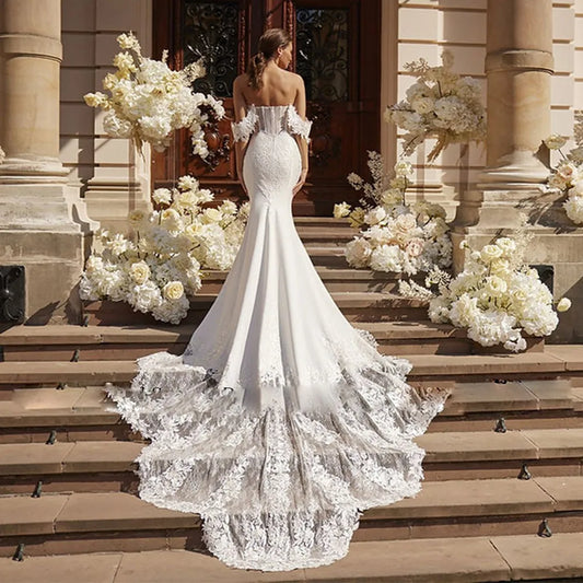 Exquisite Wave Details Train Mermaid Wedding Dresses Off the Shoulder Illusion Lace Applique Bridal Gown Cutaway Side Vestido Novia Mariage