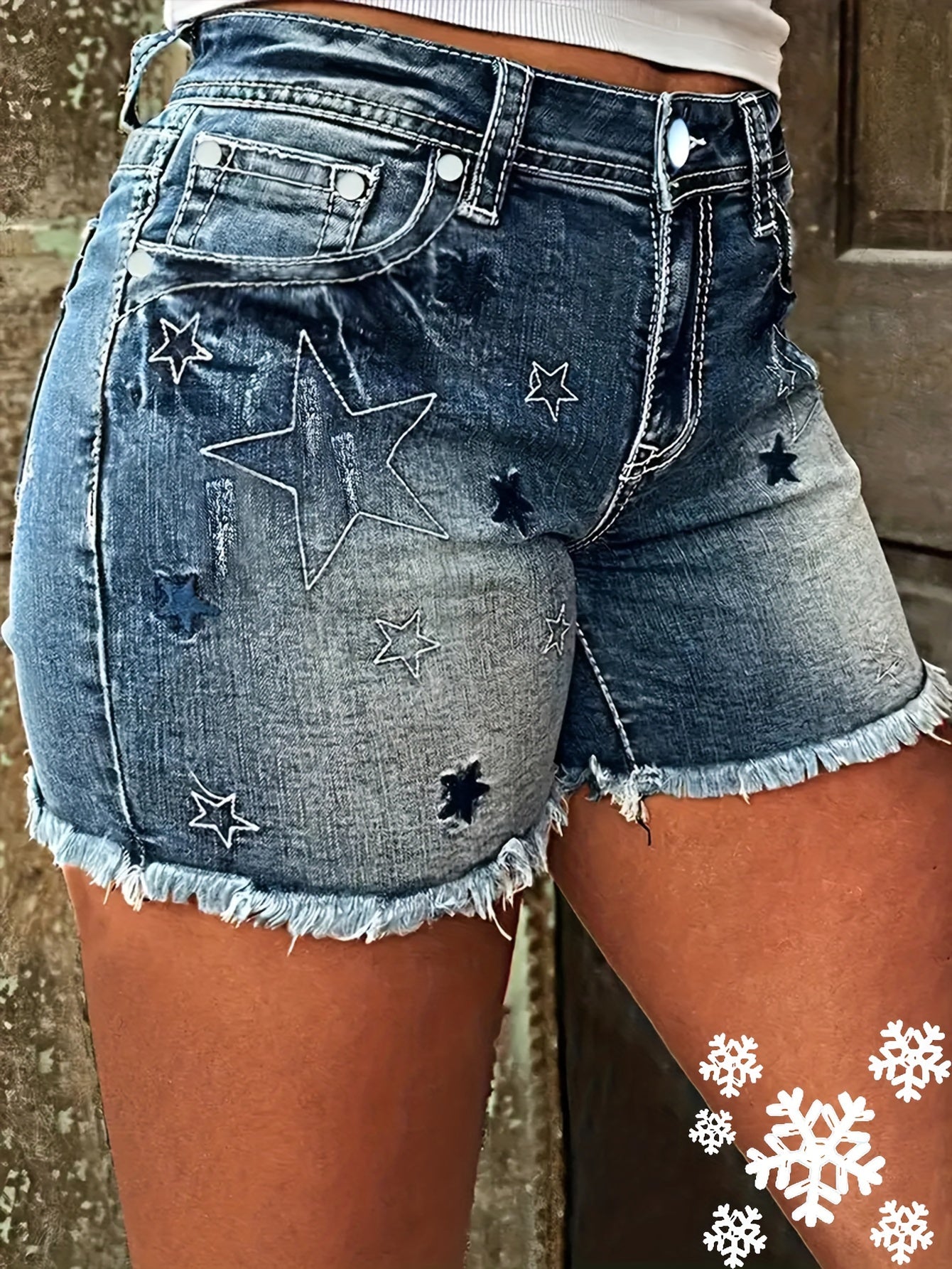 Y2K Chic Distressed Denim Shorts - Star Pattern, Raw Hem, Slash Pocket, Zipper Button Closure, Ripped Details - Women's Fashionable Jeans & Clothing for Casual Summer Outings