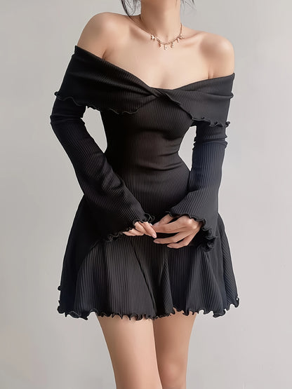 xieyinshe  Twist Front Off Shoulder Mini Dress, Elegant Long Sleeve A-line Dress, Women's Clothing