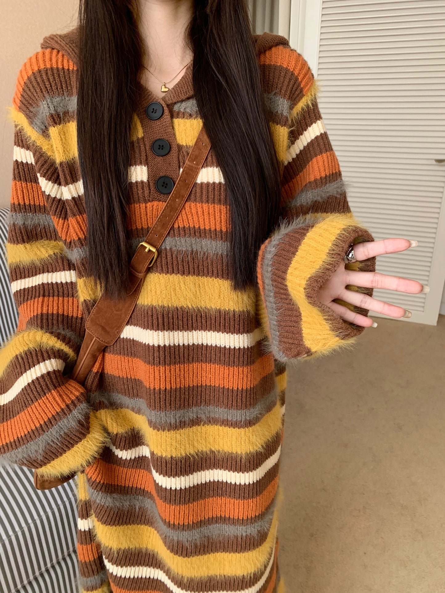 Striped Print Loose Sweater Dress, Casual Long Sleeve Dress For Fall & Winter, Women's Clothing