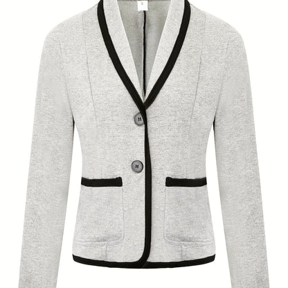 xieyinshe  Contrast Trim Shawl Collar Blazer, Casual Dual Pockets Long Sleeve Button Blazer, Women's Clothing