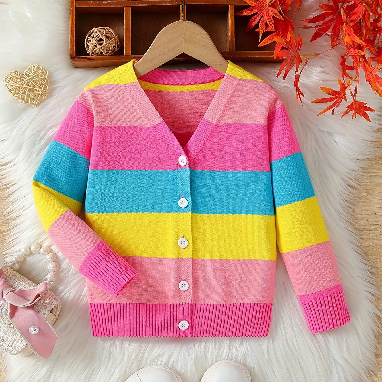 Girls Fashionable Lightweight Rainbow Knitted Cardigan - Soft Fall Spring Sweater Coat for Little Fashionistas Seasonal Transition