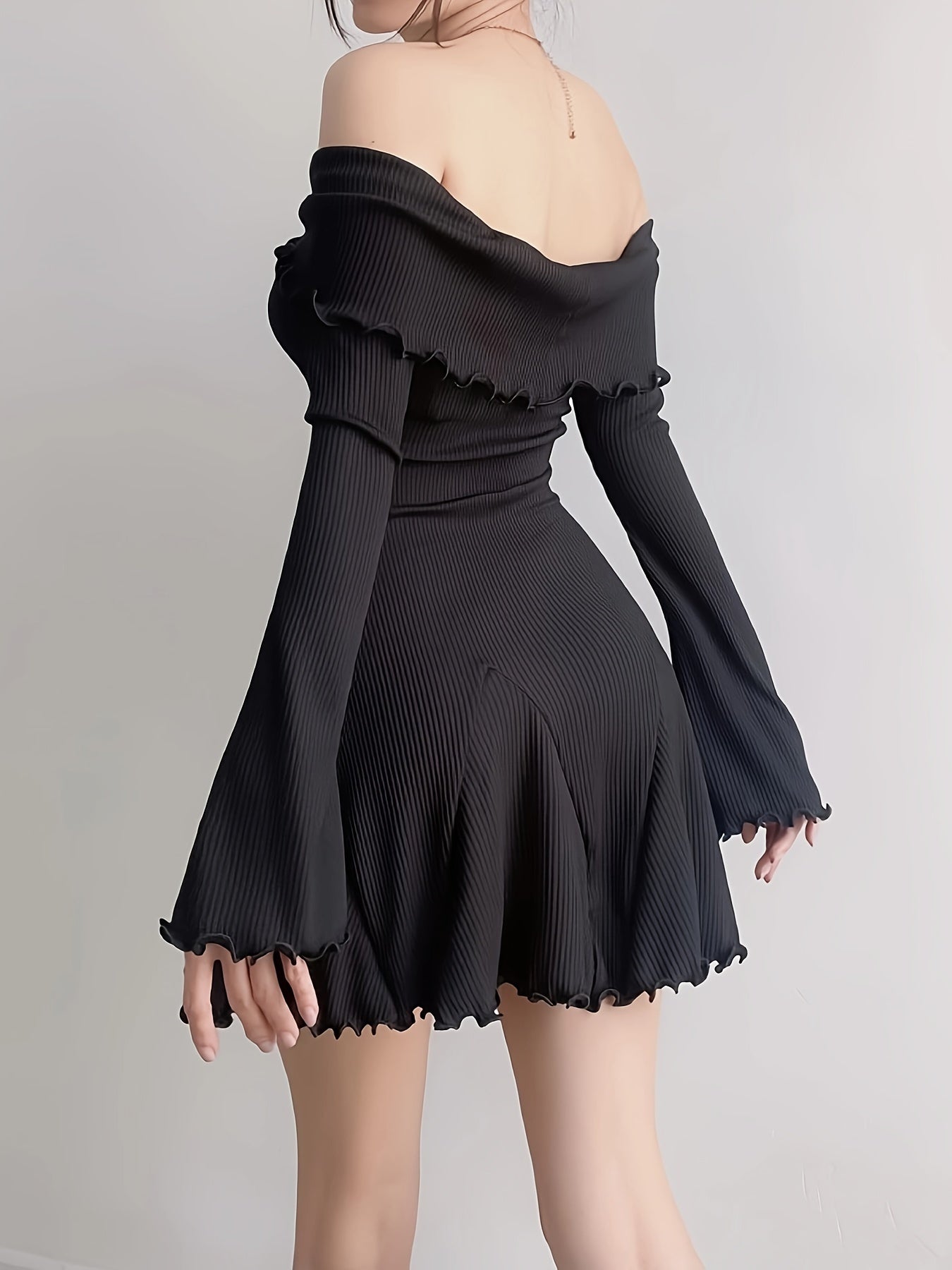 xieyinshe  Twist Front Off Shoulder Mini Dress, Elegant Long Sleeve A-line Dress, Women's Clothing