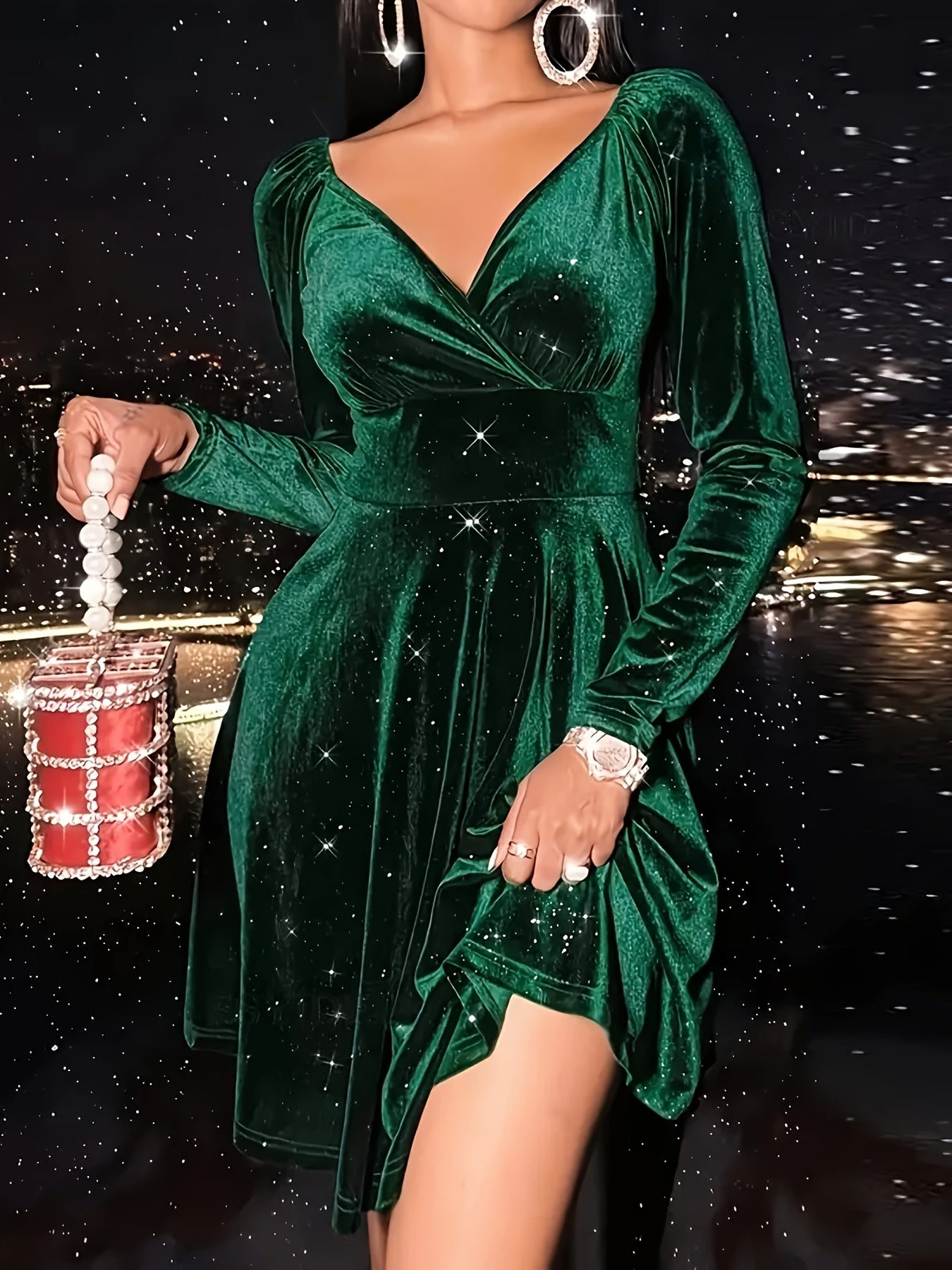 xieyinshe Solid Velvet Surplice Neck Dress, Casual Cinched Waist Long Sleeve Dress, Women's Clothing