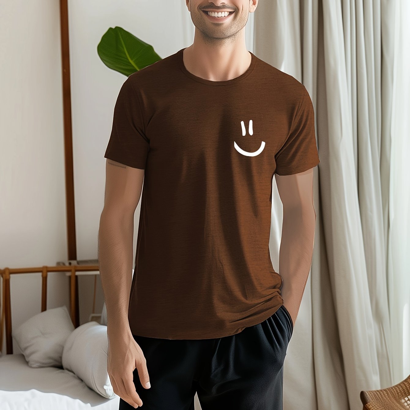 Men's Smile Face Print Short Sleeve Pajama T-Shirts, Fashion Design With Solid Color & Crew Neck, For Summer Sleep Wear