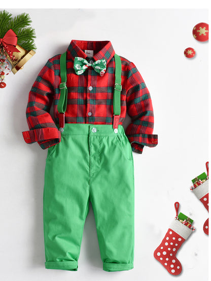 Boys' Christmas Plaid Gentleman Outfits & Suspender Pants Party Outdoor Set