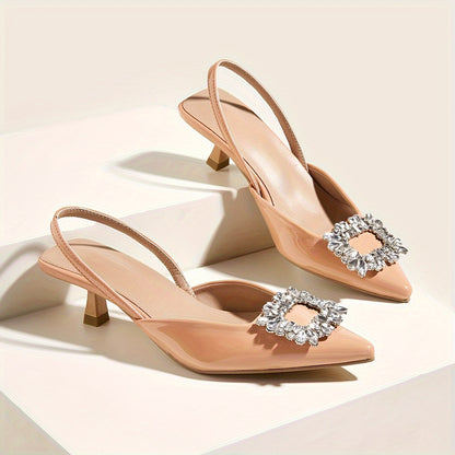 Chic All-Season Pointed-Toe Slingback Heels with Crystal Accents – Comfortable Faux Leather Sandals with Elastic Strap