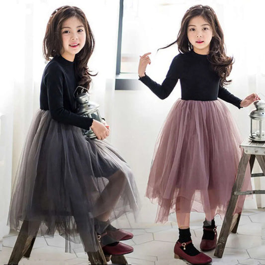 Girl  Spring Autumn Long Sleeve Dresses for Kids Lace Children Party Dress Teenager Princess Weddings Tulle Costume L2405