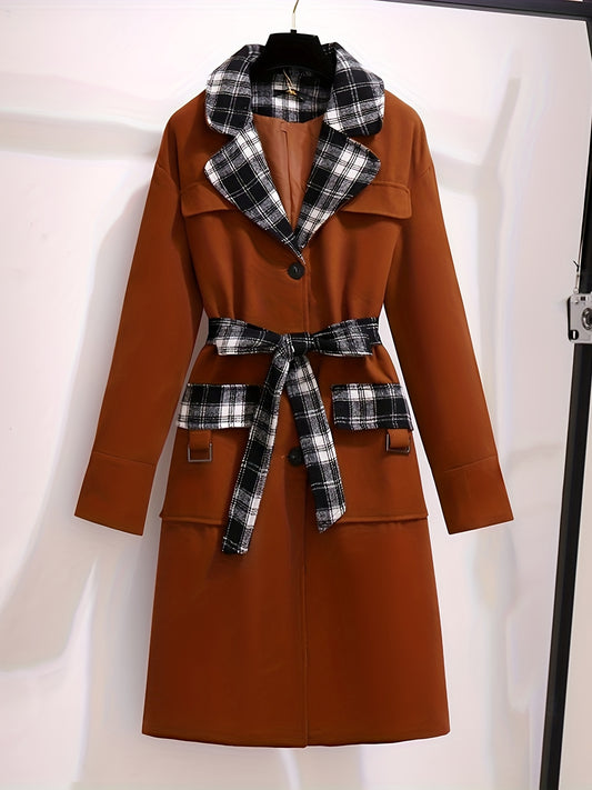 xieyinshe Plus Size Elegant Trench Coat, Women's Plus Colorblock Plaid Print Long Sleeve Button Up Lapel Collar Longline Trench Coat With Belt