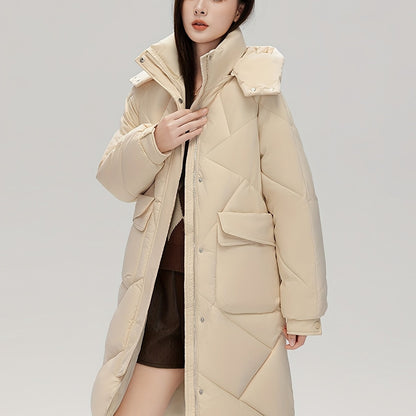 xieyinshe  Solid Flap Pockets Hooded Coat, Versatile Long Sleeve Stand Collar Thermal Winter Outwear, Women's Clothing