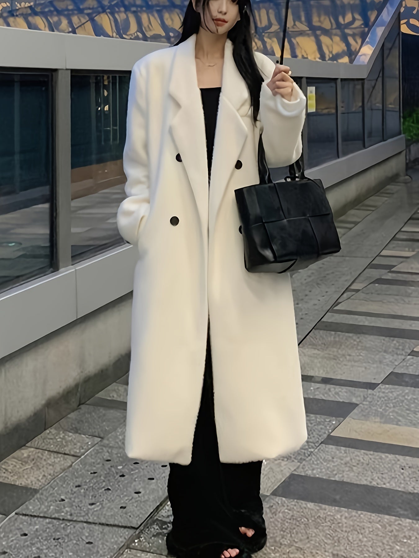 xieyinshe  Solid Double Breasted Lapel Overcoat, Elegant Long Sleeve Outwear For Fall & Winter Women's Clothing