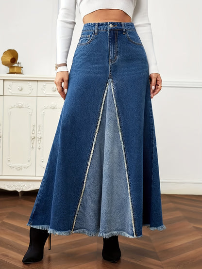 xieyinshe Two Tone Patchwork Denim Midi Skirt, Frayed Hem Slant Pockets Chic Denim Skirt, Women's Denim Clothing