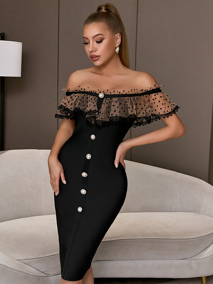 xieyinshe  Plus Size Beaded Lace Trim Bodycon Dress, Elegant Off Shoulder Dress For Spring & Summer, Women's Plus Size Clothing