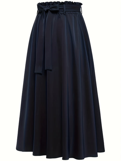 Solid Belted Maxi Skirts, Elegant Pleated Versatile Skirts, Women's Clothing