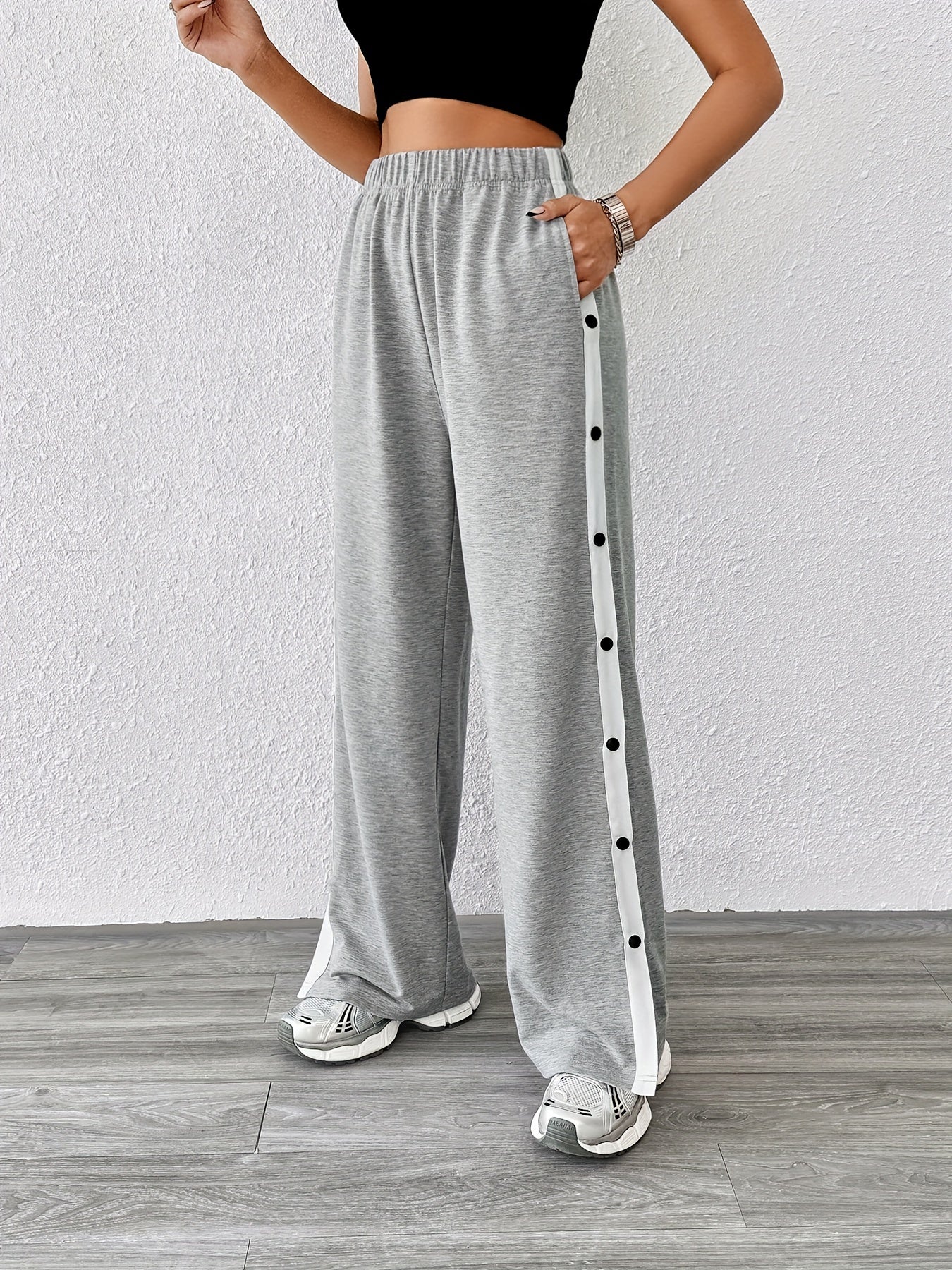 xieyinshe  Button Side Slit Wide Leg Pants, Casual Elastic Waist Pocket Pants For Spring & Fall, Women's Clothing