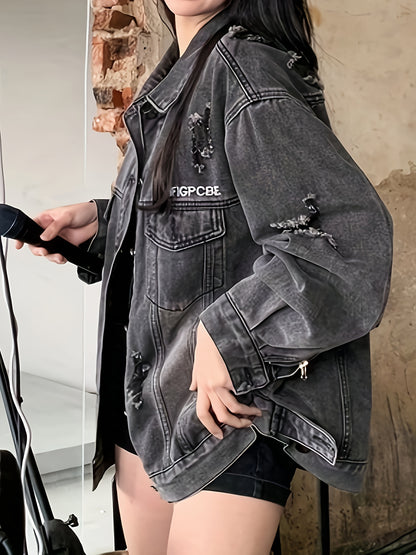 xieyinshe  Ripped Holes Lapel Denim Coat, Long Sleeves Washed Denim Jacket, Women's Denim Clothing