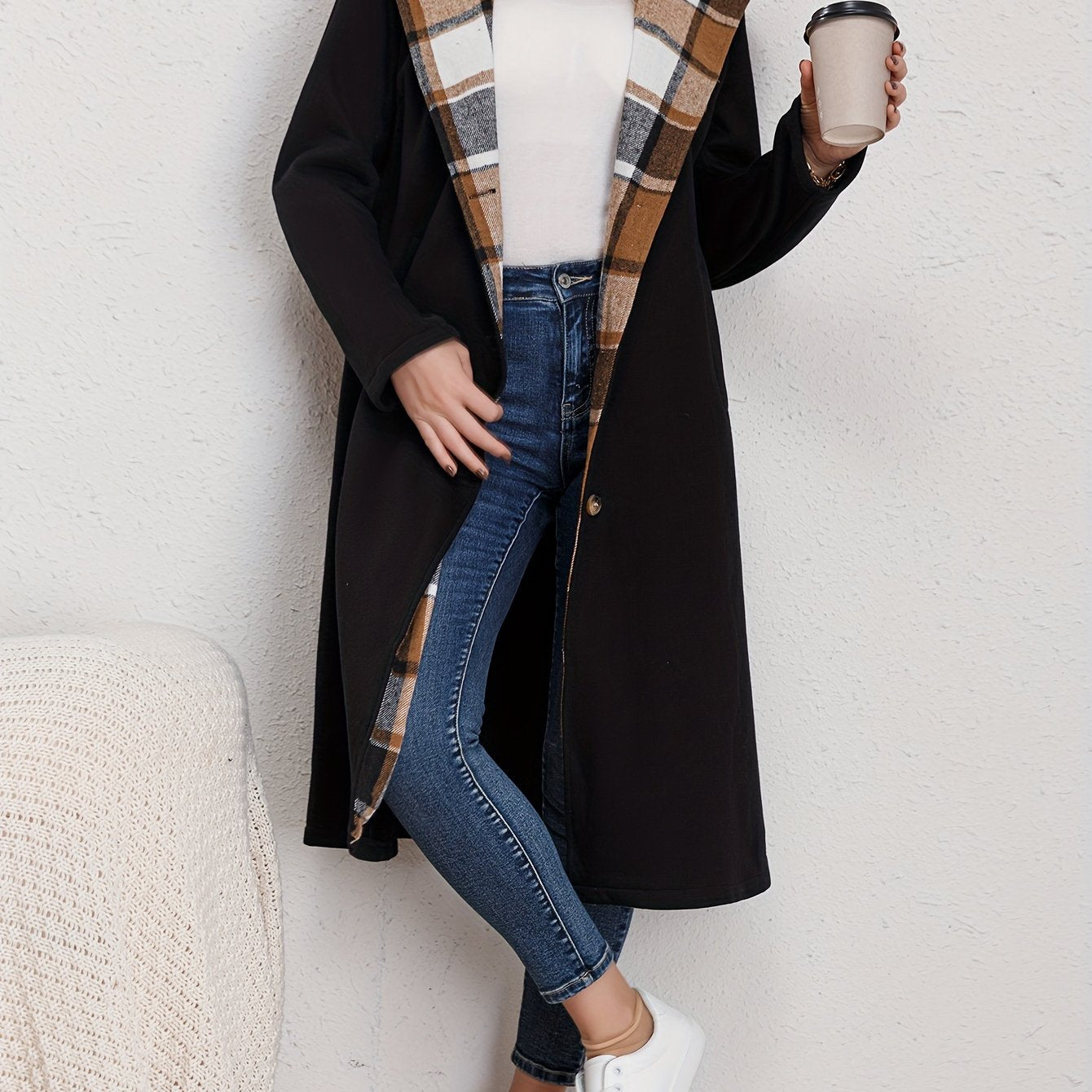 xieyinshe  Plus Size Elegant Coat, Women's Plus Colorblock Plaid Print Button Up Long Sleeve Hoodie Longline Woolen Coat