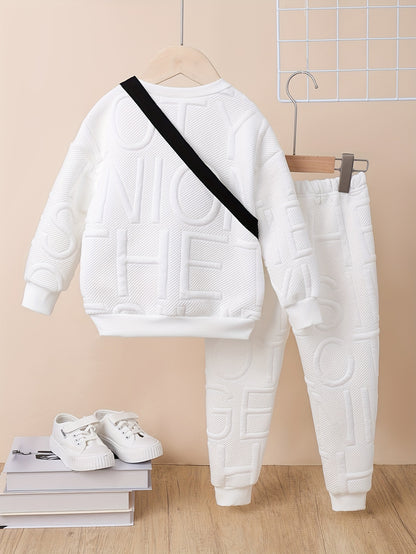 Boys Fall/Winter 2-Piece Set - Textured Lettered Pullover Sweatshirt, Ribbed Hem With Long Sleeve And Matching Striped Pants, Including Cute Crossbody Bag