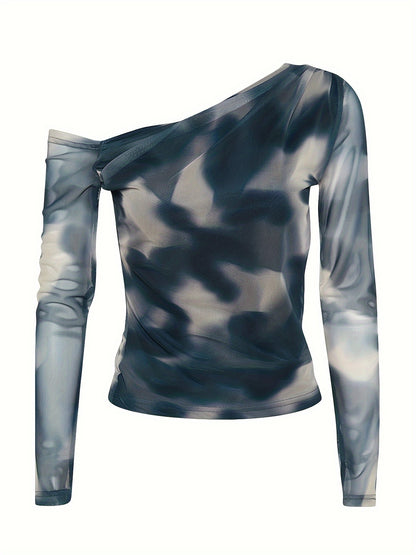 Tie Dye Slant Shoulder Mesh Top, Vintage Long Sleeve Slim Top For Spring & Fall, Women's Clothing