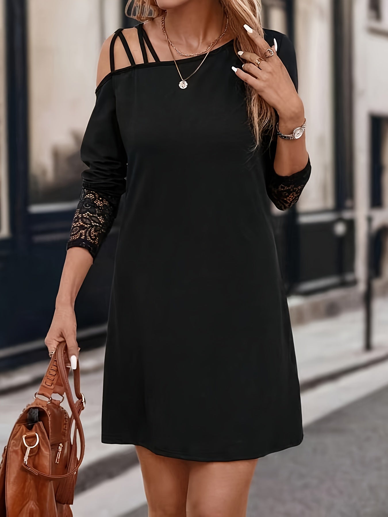 xieyinshe Contrast Lace Slanted Shoulder Dress, Elegant Solid Long Sleeve Dress, Women's Clothing