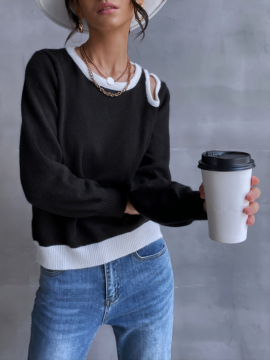 Sexy Cutout Shoulder Crew Neck Sweater, Casual Loose Simple Fashion Long Sleeve Basic Fall & Winter Sweater, Women's Clothing