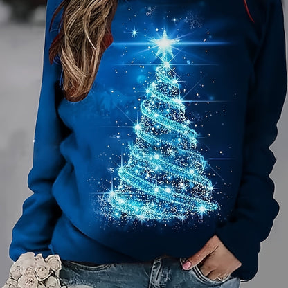 xieyinshe  Christmas Tree Print Sweatshirt, Casual Long Sleeve Crew Neck Sweatshirt, Women's Clothing