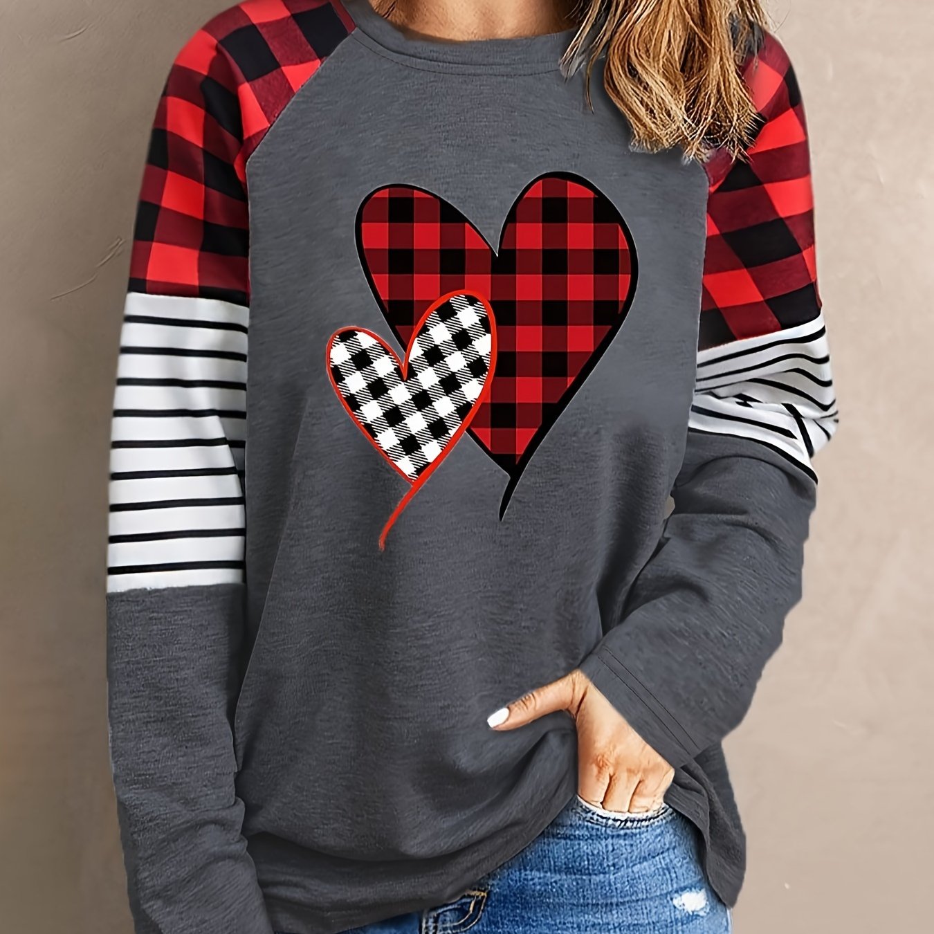 xieyinshe  Stripe & Plaid Heart Print Sweatshirt, Casual Long Sleeve Sweatshirt For Spring & Fall, Women's Clothing