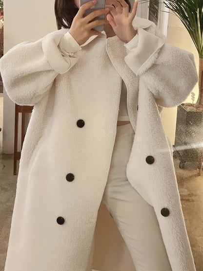 xieyinshe  Solid Double Breasted Belted Overcoat, Elegant Long Sleeve Outwear For Fall & Winter, Women's Clothing