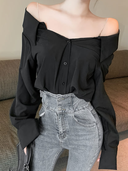 xieyinshe  Solid Off Shoulder Button Front Blouse, Casual Long Sleeve Blouse For Spring & Fall, Women's Clothing