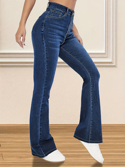 xieyinshe  Plain Blue Whiskering Stylish Flare Leg Jeans, High Rise Stretchy Stylish Denim Pants, Women's Denim Jeans & Clothing