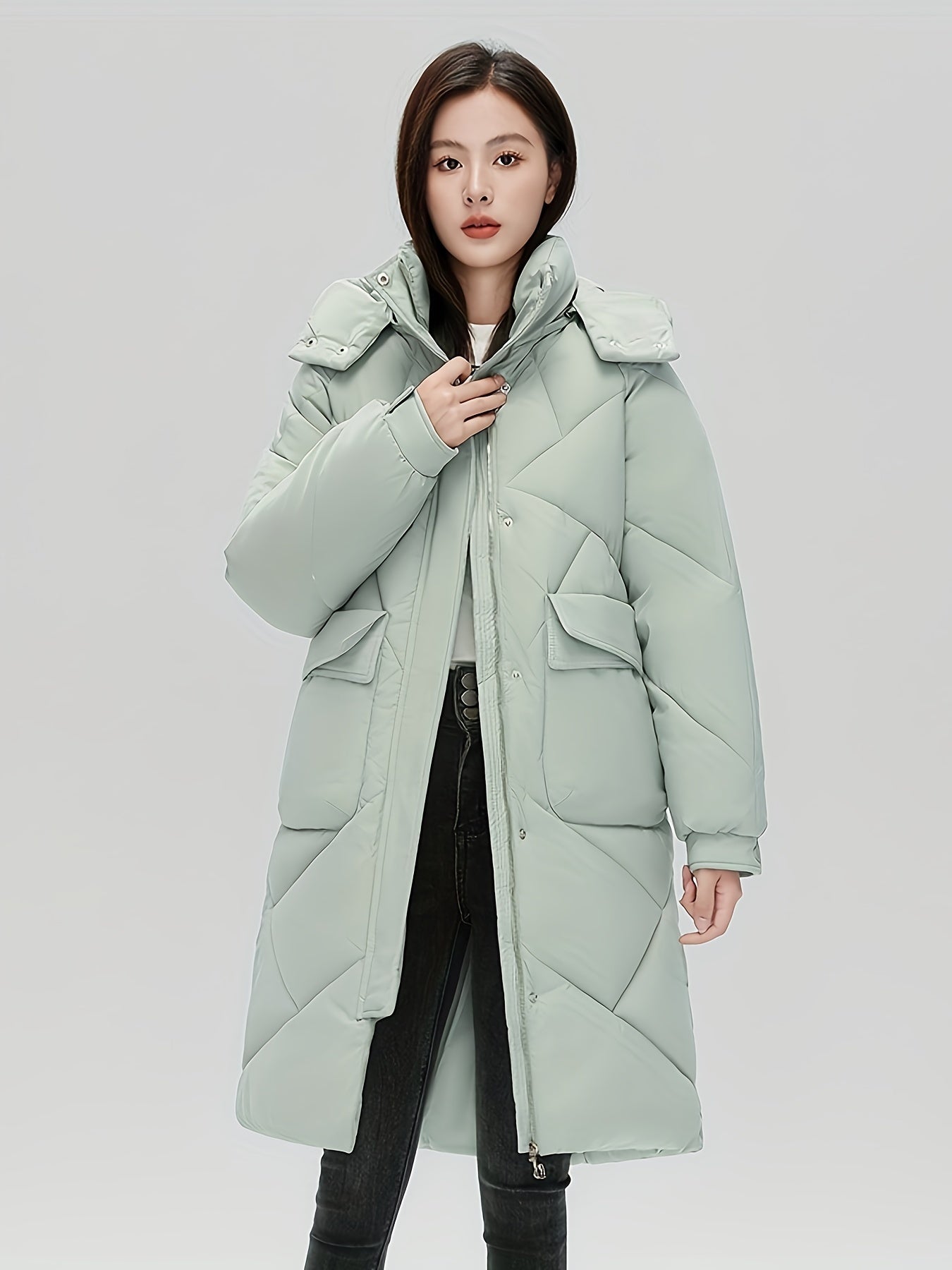 xieyinshe  Solid Flap Pockets Hooded Coat, Versatile Long Sleeve Stand Collar Thermal Winter Outwear, Women's Clothing