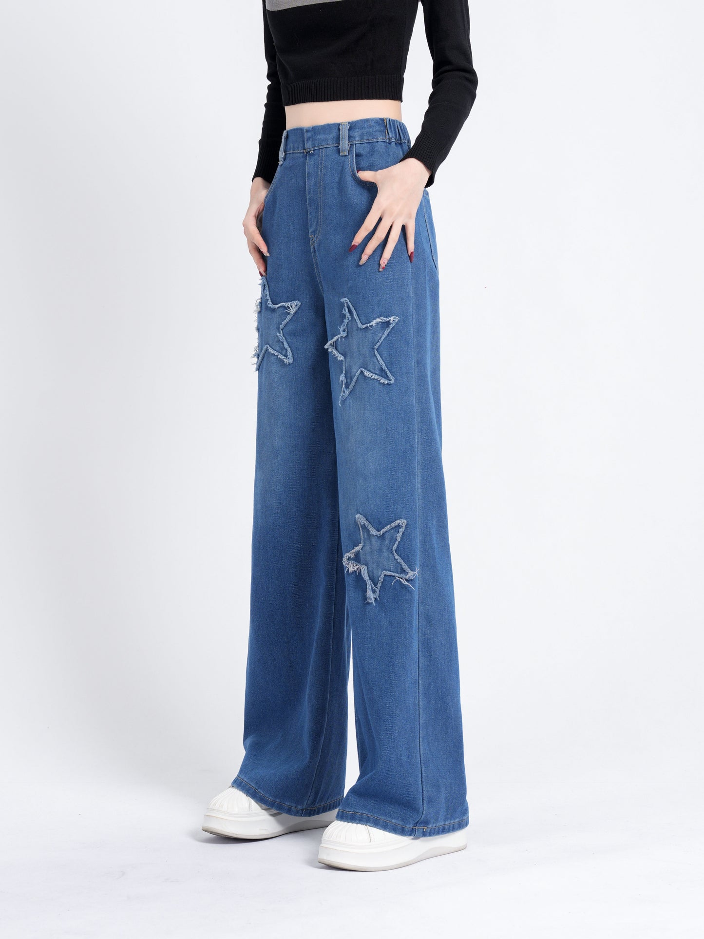 xieyinshe  Star Patchwork Wide Leg Jeans For Girls, Casual Versatile Straight Denim Trousers