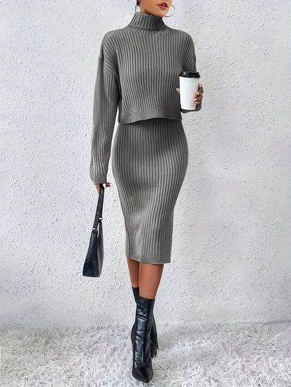 Casual Sweater Two-piece Set, Turtleneck Long Sleeve Tops & Sleeveless Bodycon Dress Outfits, Women's Clothing