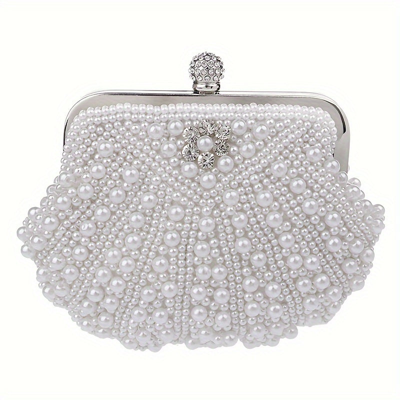 Beaded Shell Design Evening Bag - Exquisite Faux Pearl Embellished Clutch Purse with Delicate Beading, Stylish Womens Formal Dress Handbag for Special Occasions - Ideal for Glamorous Wedding Parties, Prom Nights, and Black-Tie Banquets, Perfect Accessory