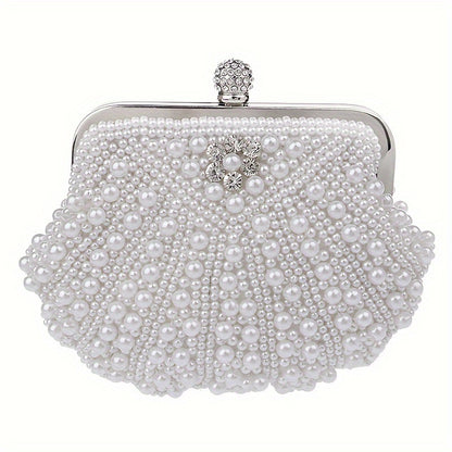 Beaded Shell Design Evening Bag - Exquisite Faux Pearl Embellished Clutch Purse with Delicate Beading, Stylish Womens Formal Dress Handbag for Special Occasions - Ideal for Glamorous Wedding Parties, Prom Nights, and Black-Tie Banquets, Perfect Accessory