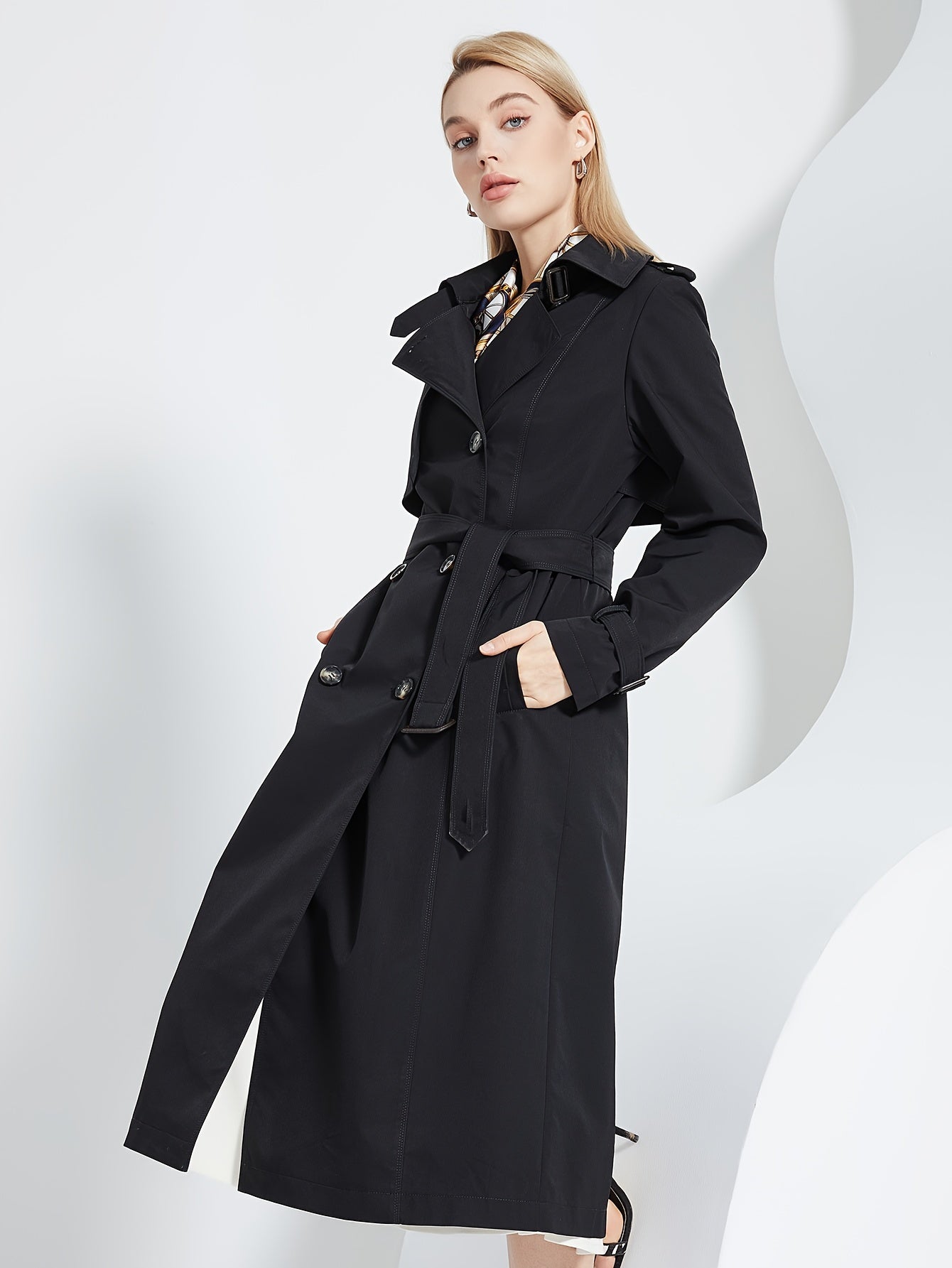 xieyinshe  Double Breasted Mid Length Trench Coat, Casual Solid Long Sleeve Outerwear, Women's Clothing