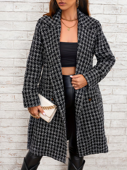 xieyinshe Houndstooth Pattern Double Breasted Overcoat, Elegant Lapel Long Sleeve Outerwear, Women's Clothing