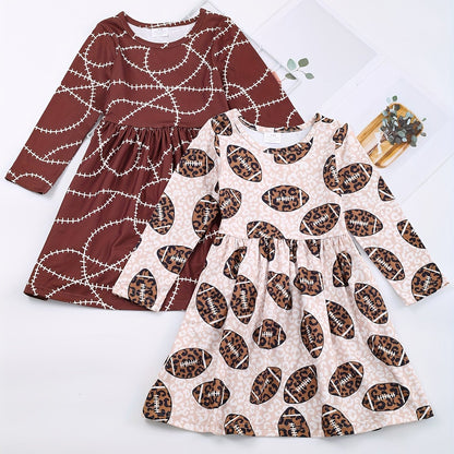 Girls Fashionable Patterned Long Sleeve Stretch Dress - Playful Twirl Design for Thanksgiving & Fall - Comfortable, Eye-Catching, Perfect Seasonal Gift