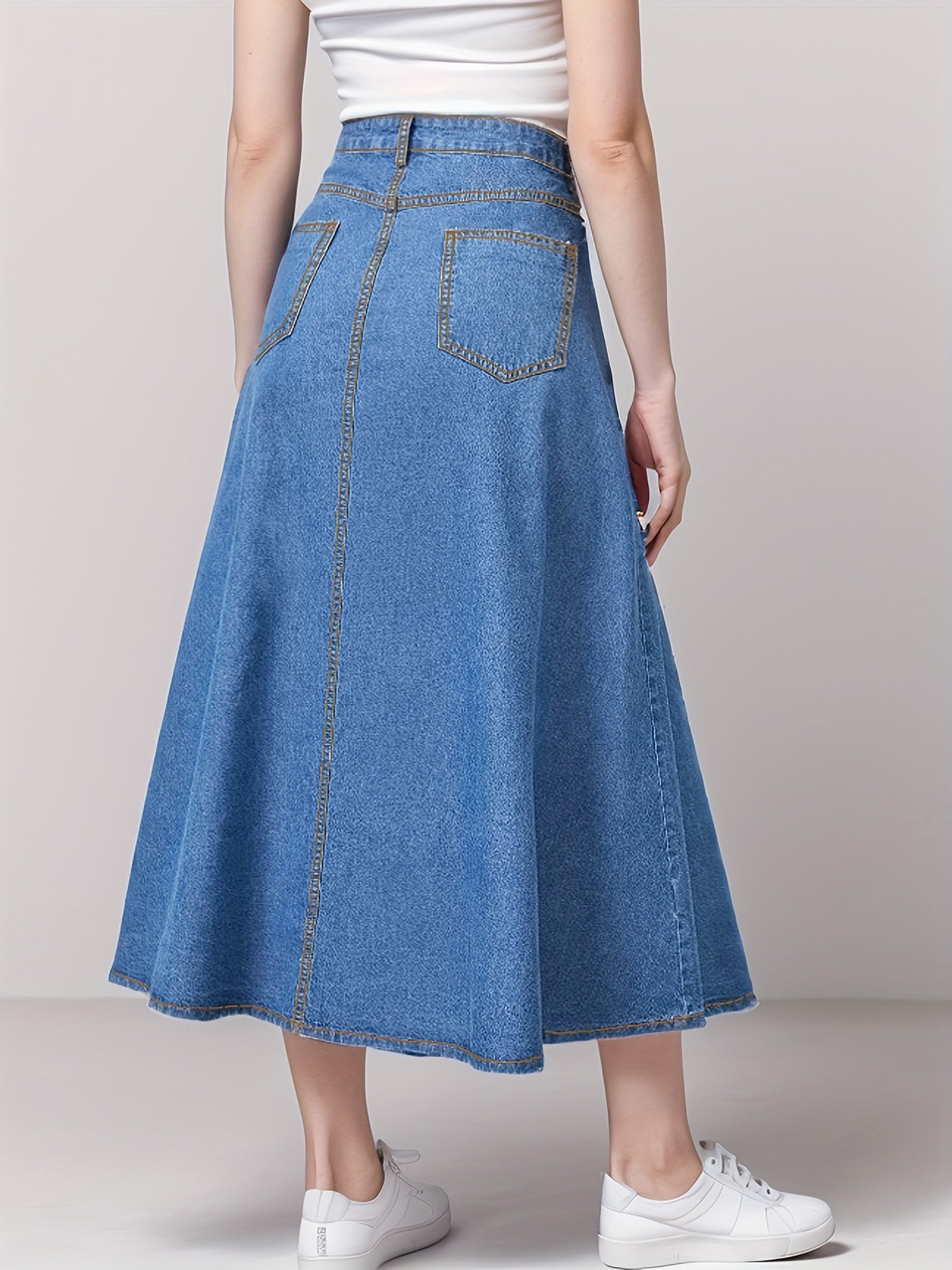 xieyinshe Single Breasted Button Casual Denim Midi Skirt, A-Line Slant Pockets High Waist Denim Skirt, Women's Denim Clothing