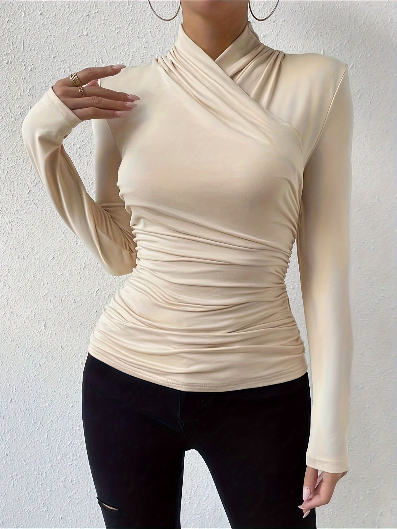 xieyinshe  Solid Color Surplice Neck T-Shirt, Elegant  Long Sleeve T-Shirt For Spring & Fall, Women's Clothing