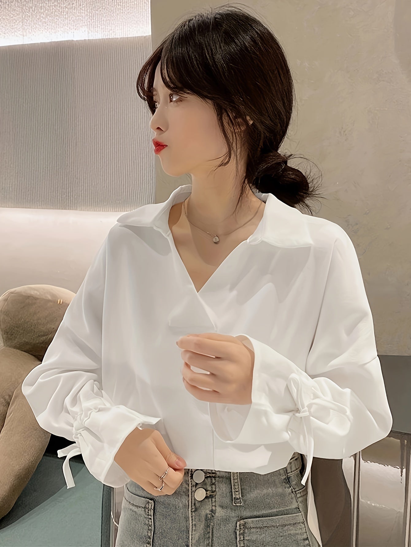 xieyinshe  Solid Polo Collar Blouse, Casual Tie Cuff Long Sleeve Blouse For Spring & Fall, Women's Clothing