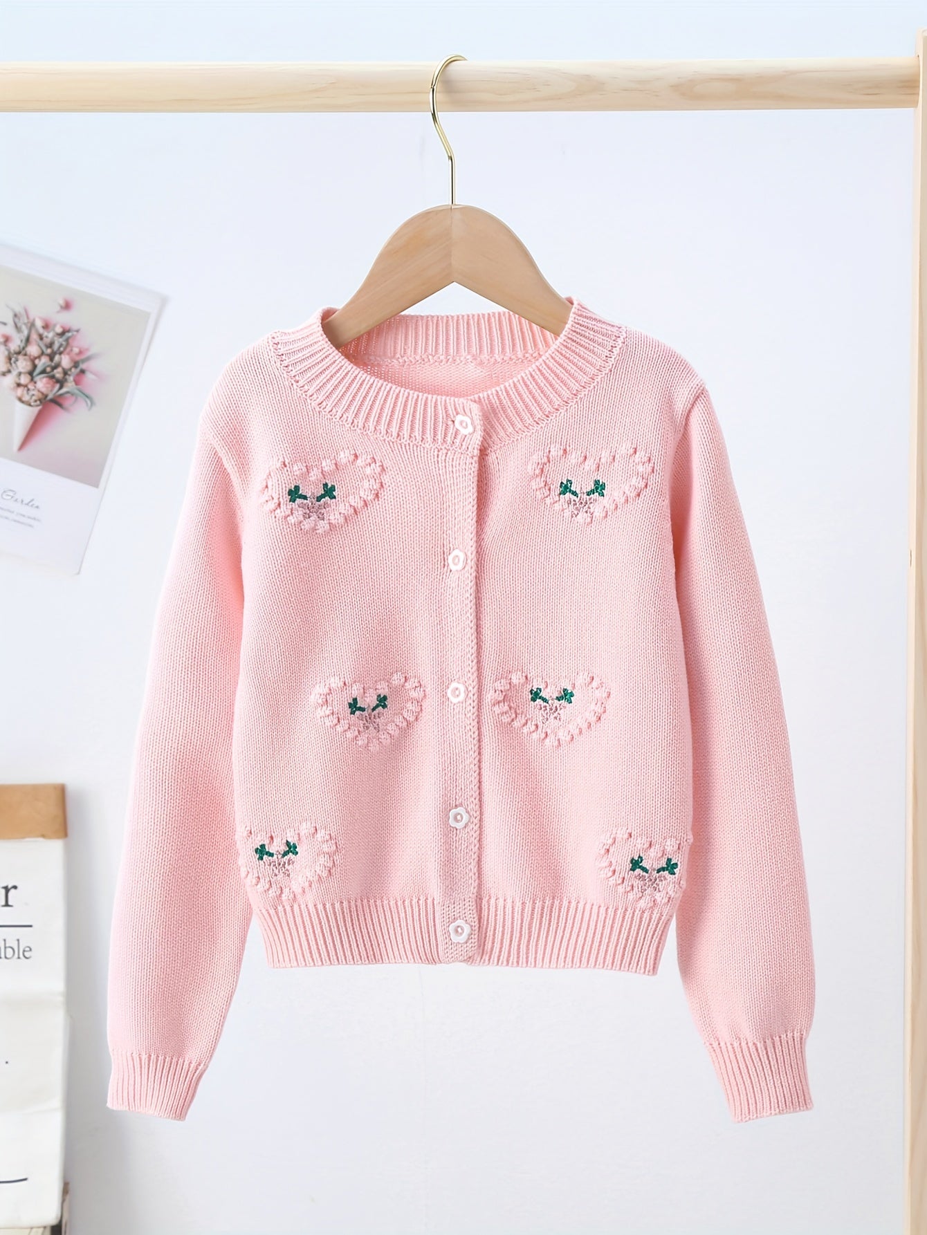 Girls Adorable Heart Embellished Pure Cotton Long Sleeve Jacquard Knit Cardigan Sweater for Everyday Fashion