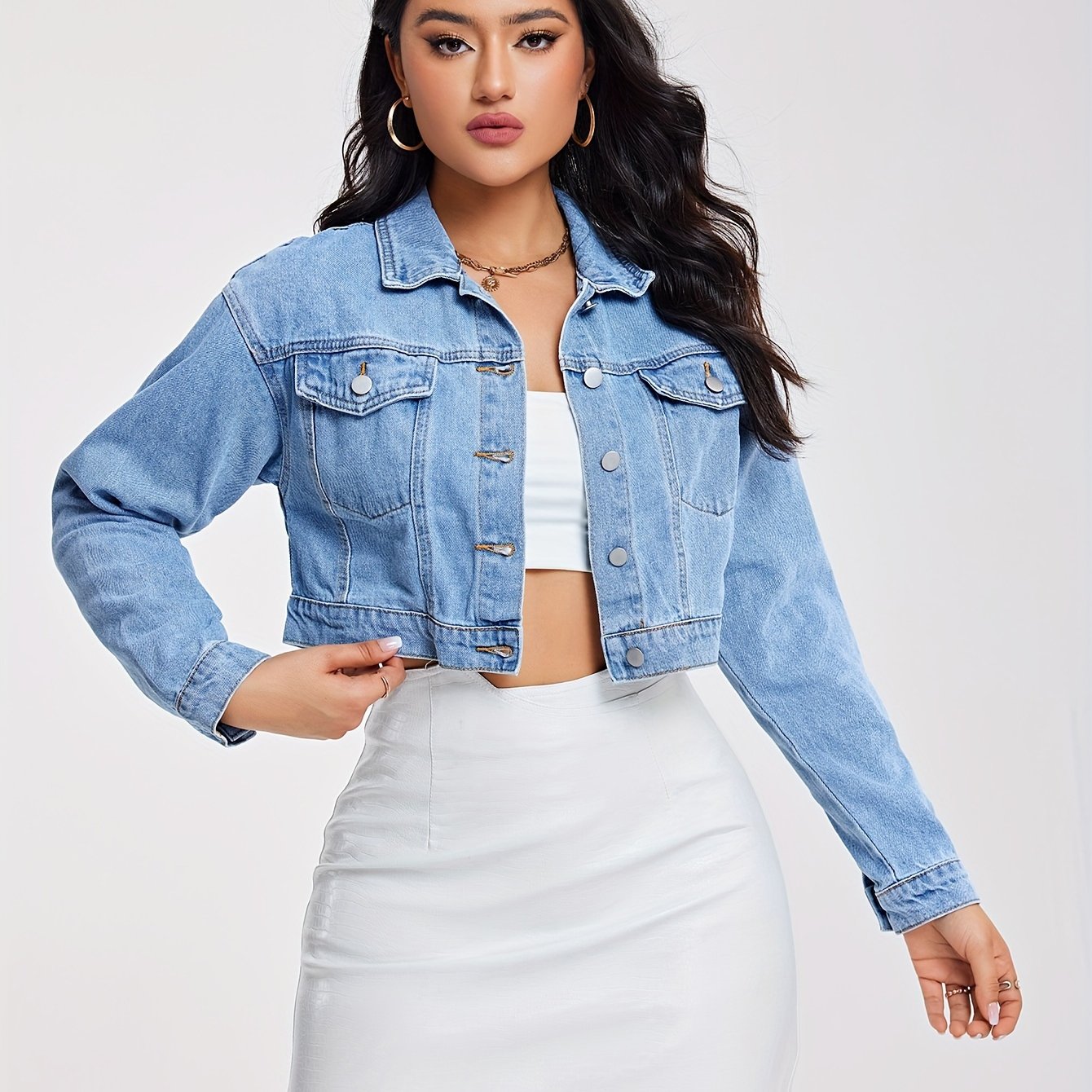 xieyinshe  Lapel Neck Long Sleeve Short Denim Jacket, Button Up Stylist Denim Coats With Flap Pocket, Women's Denim Clothing