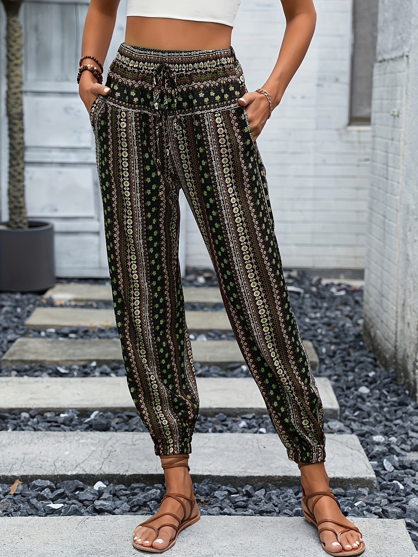 xieyinshe  Tribal Print Drawstring Pants, Boho Elastic Waist Pants For Spring & Summer, Women's Clothing