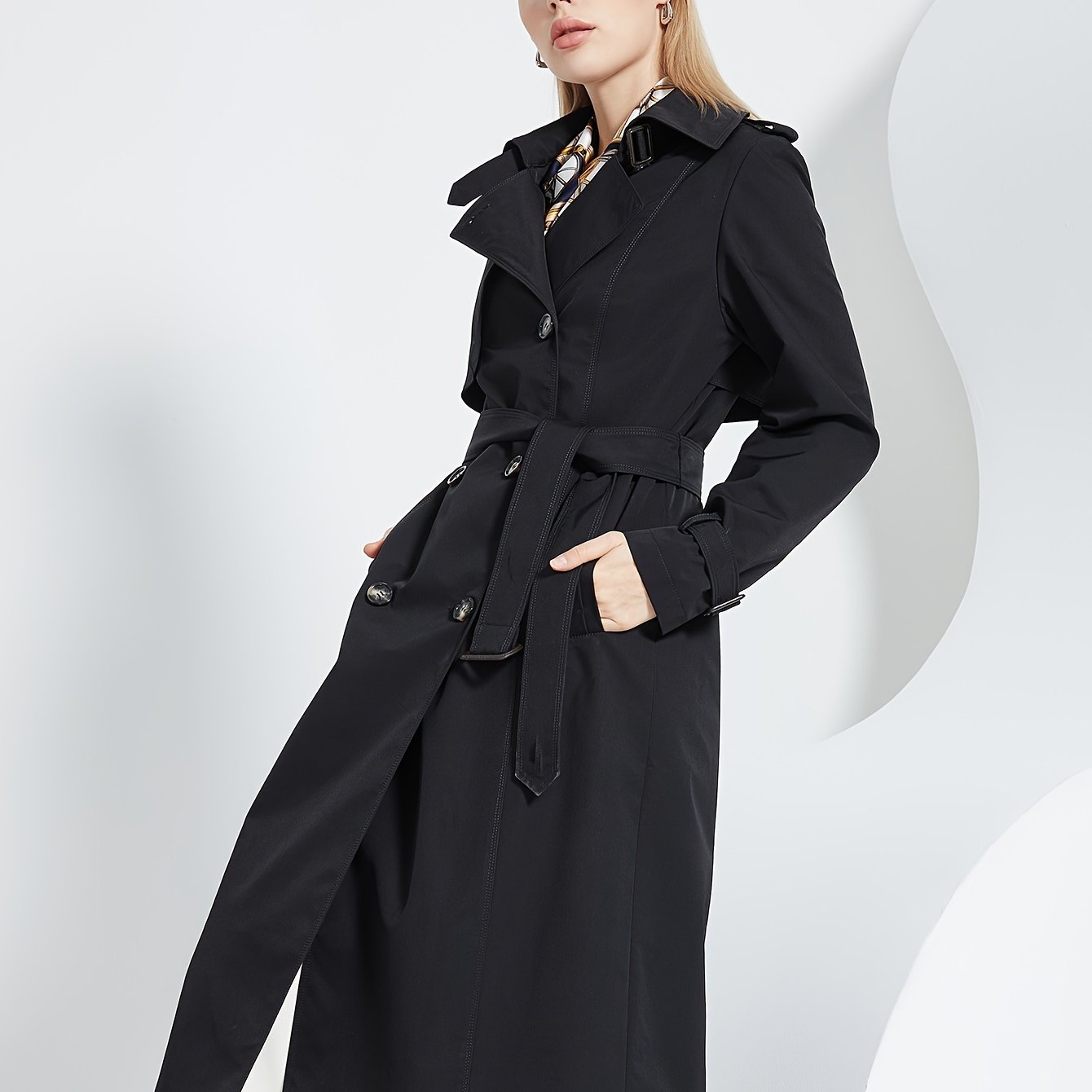 xieyinshe  Double Breasted Mid Length Trench Coat, Casual Solid Long Sleeve Outerwear, Women's Clothing