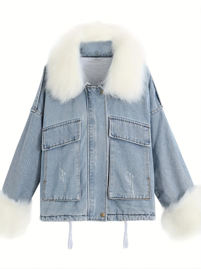 Fluffy Plush Collar & Cuffs Winter Warm Fur Fleece Coat, Extra Large Square Pockets Drawstring Hem Denim Jacket, Women's Denim Jackets